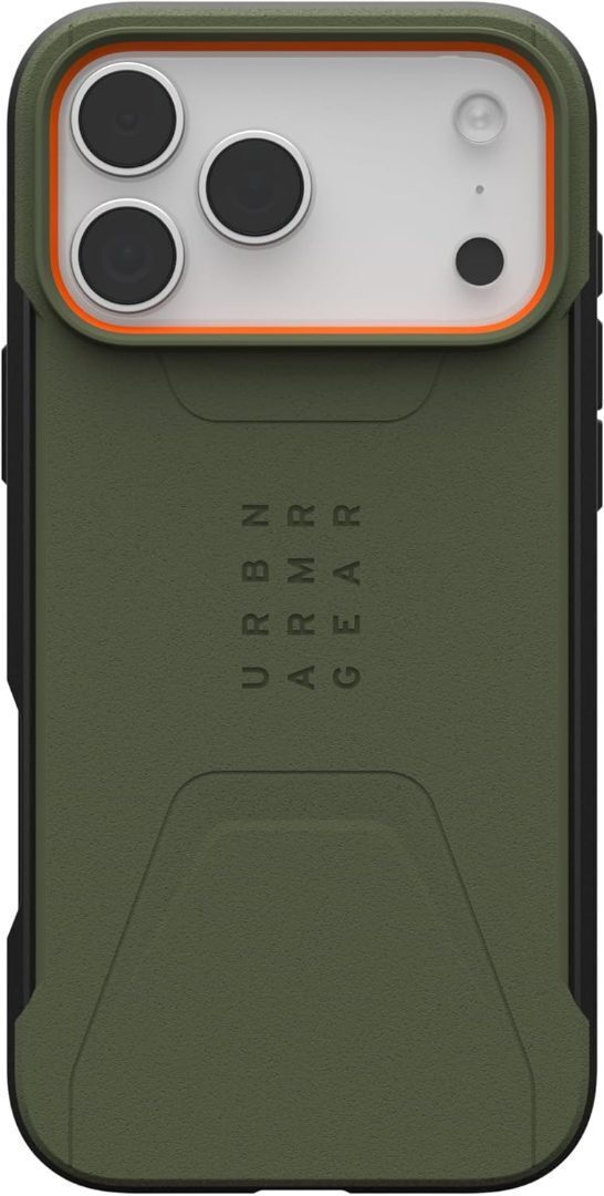 Husă UAG Civilian Olive verde măsliniu, vedere din spate, montată pe telefon.