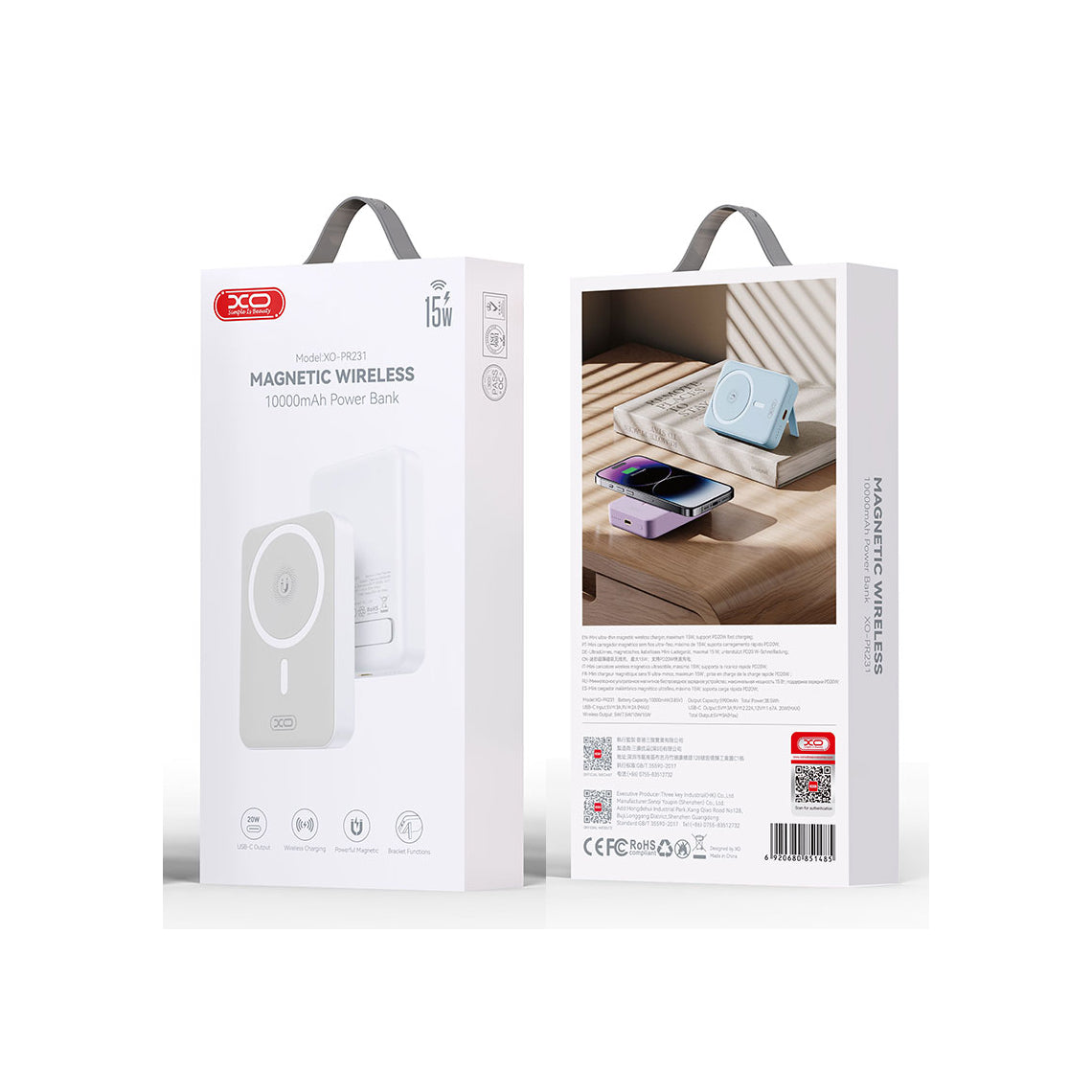 Baterie Externă Magnetică Wireless 15W + PD 20W, 10.000mAh, cu Suport Stand, Albă