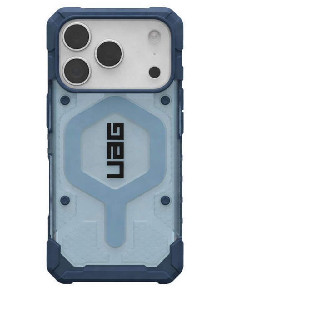 Husă UAG Pathfinder albastră și transparentă, vedere din spate.