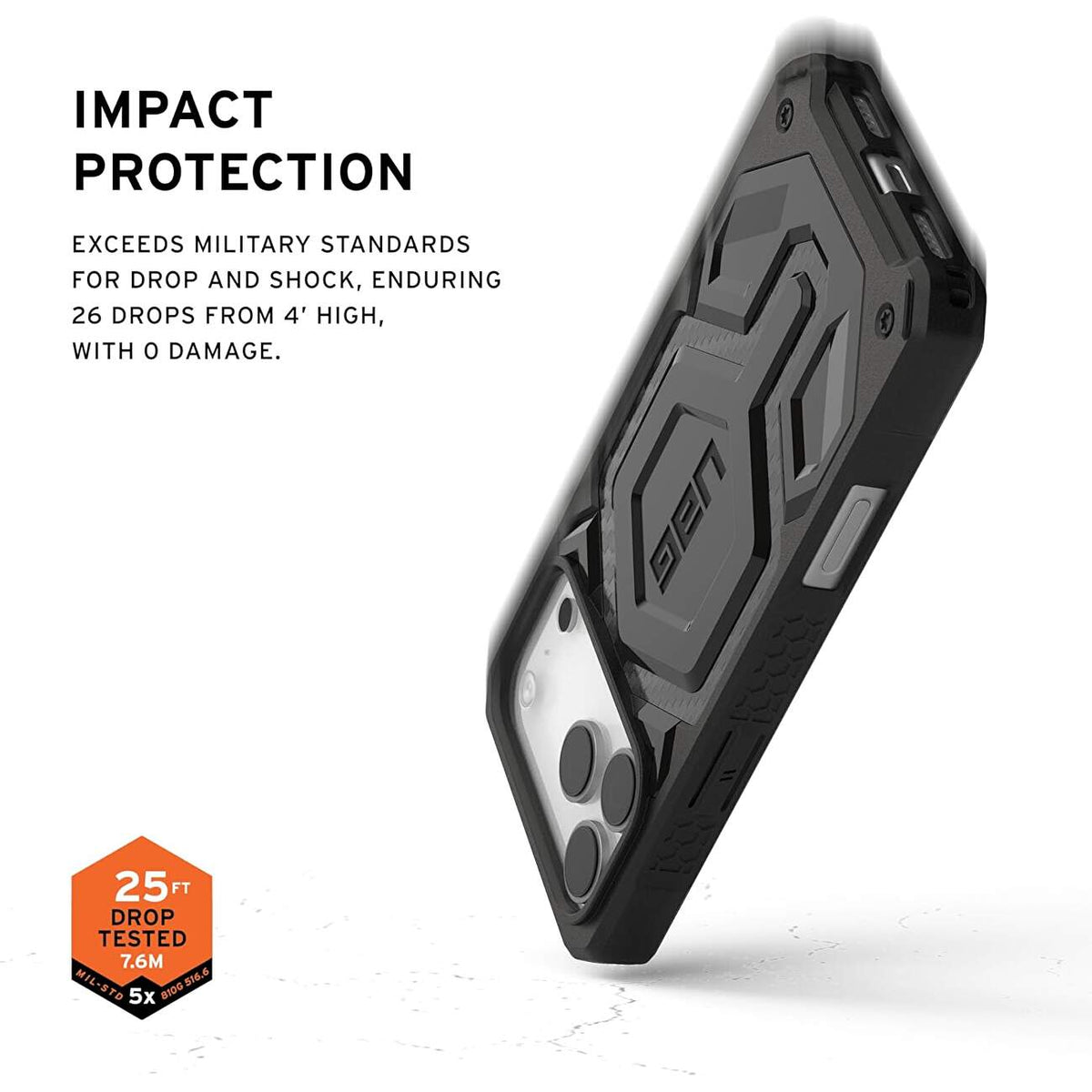 Husă UAG Monarch Pro Carbon Fiber neagră, grafic de prezentare cu telefonul în perspectivă.