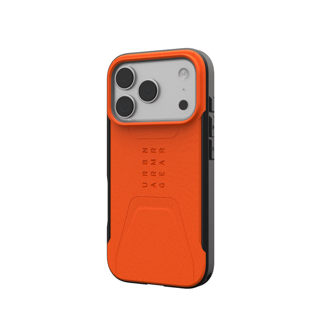 Husă UAG Civilian portocalie, vedere oblică din spate, montată pe telefon.