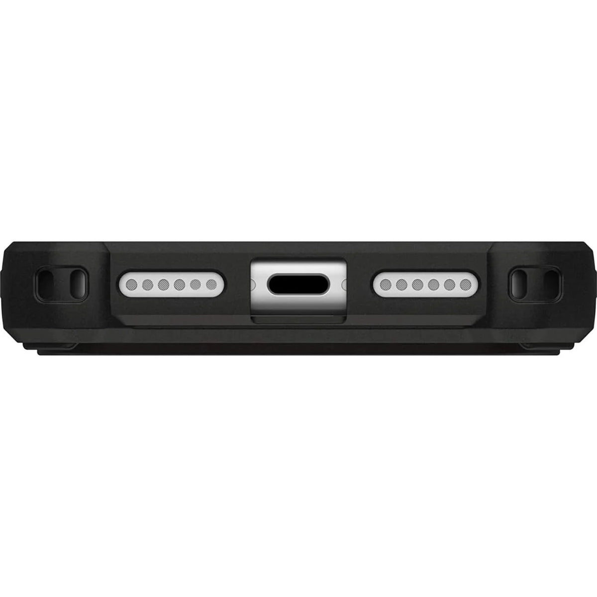 Husă UAG Monarch Pro Carbon Fiber neagră, detaliu al marginii inferioare și al decupajului pentru port.