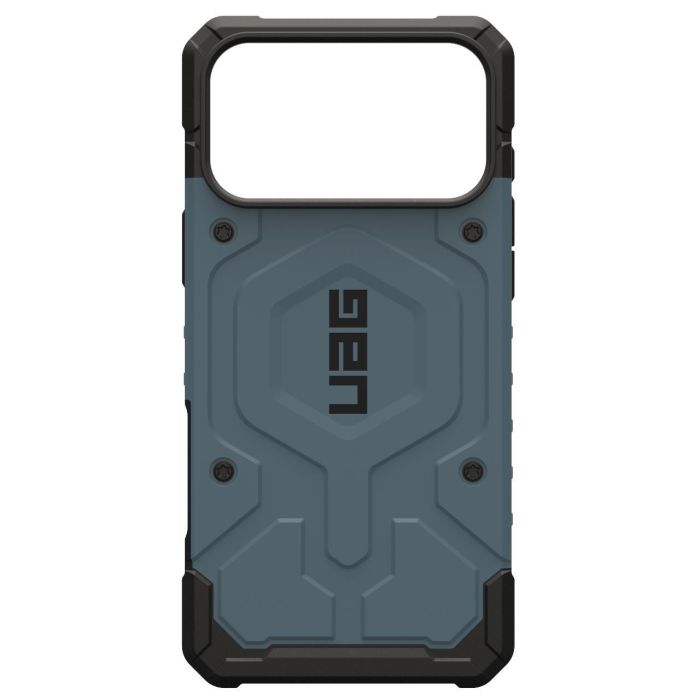 Husă UAG Pathfinder Cloud Blue, vedere din spate cu design geometric albastru și siglă centrală.