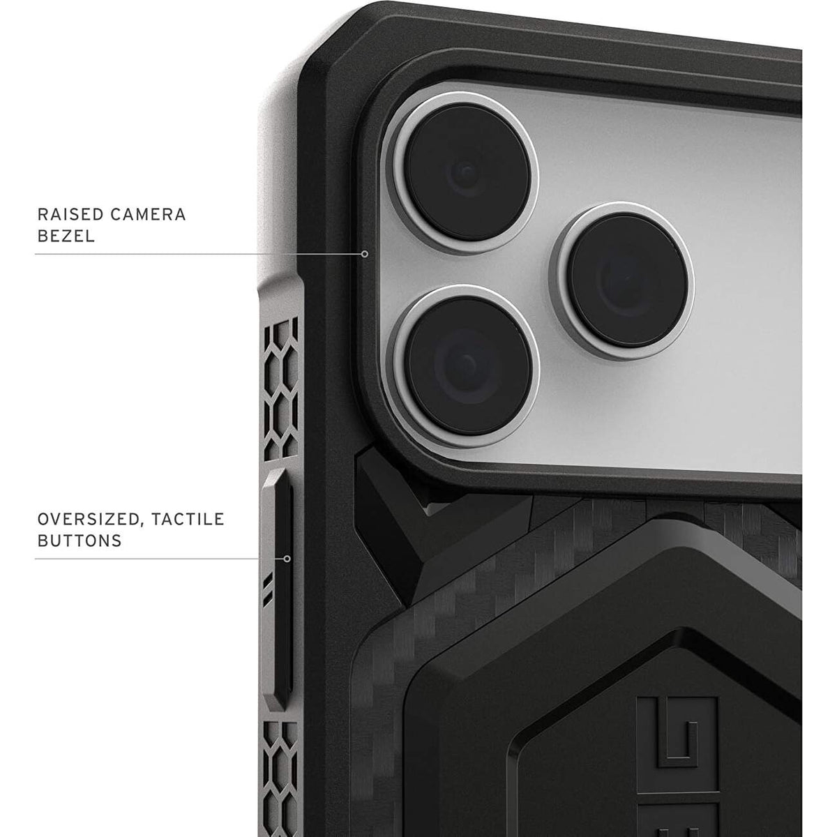 Husă UAG Monarch Pro Carbon Fiber neagră, detaliu al zonei camerelor, al butoanelor și al spatelui.
