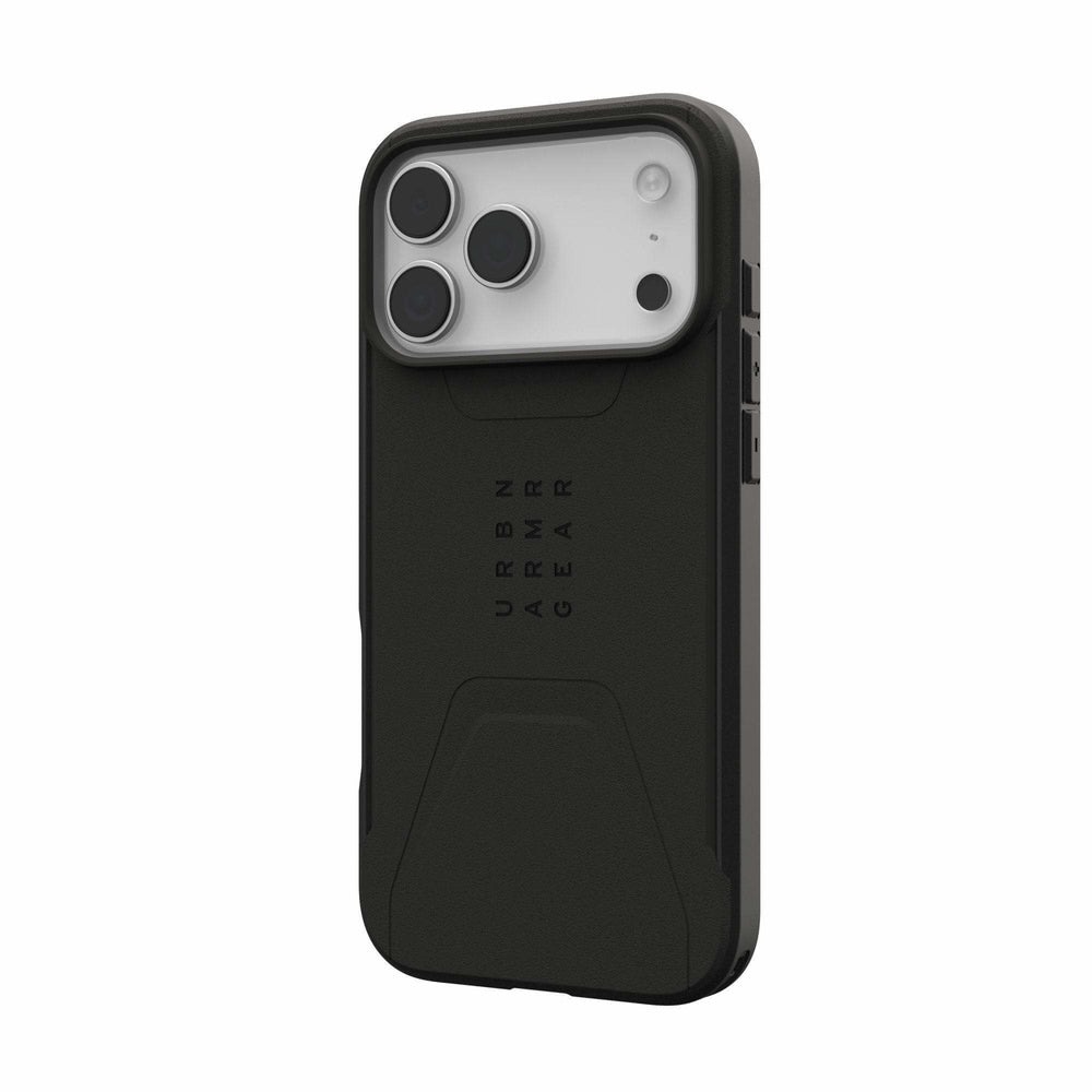 Husă UAG Civilian neagră, vedere oblică din spate, montată pe telefon.
