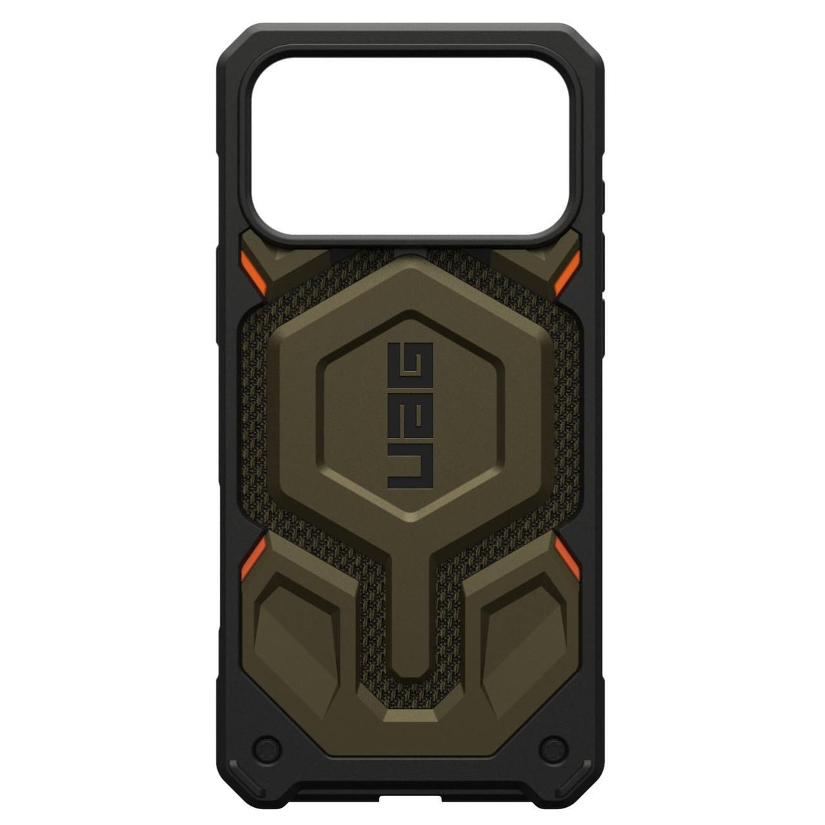 Husă UAG Monarch Pro Kevlar Element Green, vedere din spate cu design geometric și decupaj pentru camere.