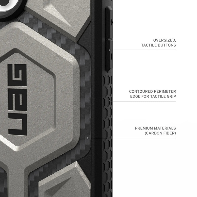 Husă UAG Monarch Pro Titanium, detaliu al designului gri și negru, cu butoane și margini vizibile.
