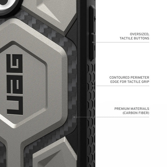 Husă UAG Monarch Pro Titanium, detaliu al designului gri și negru, cu butoane și margini vizibile.