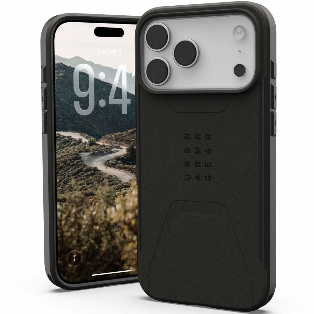 Husă UAG Civilian neagră, telefonul prezentat din față și din spate.