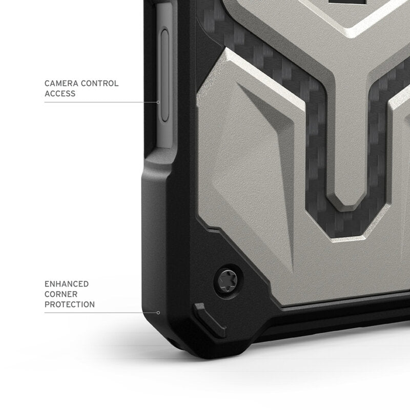 Husă UAG Monarch Pro Titanium, detaliu al colțului inferior și al marginii laterale gri și negre.