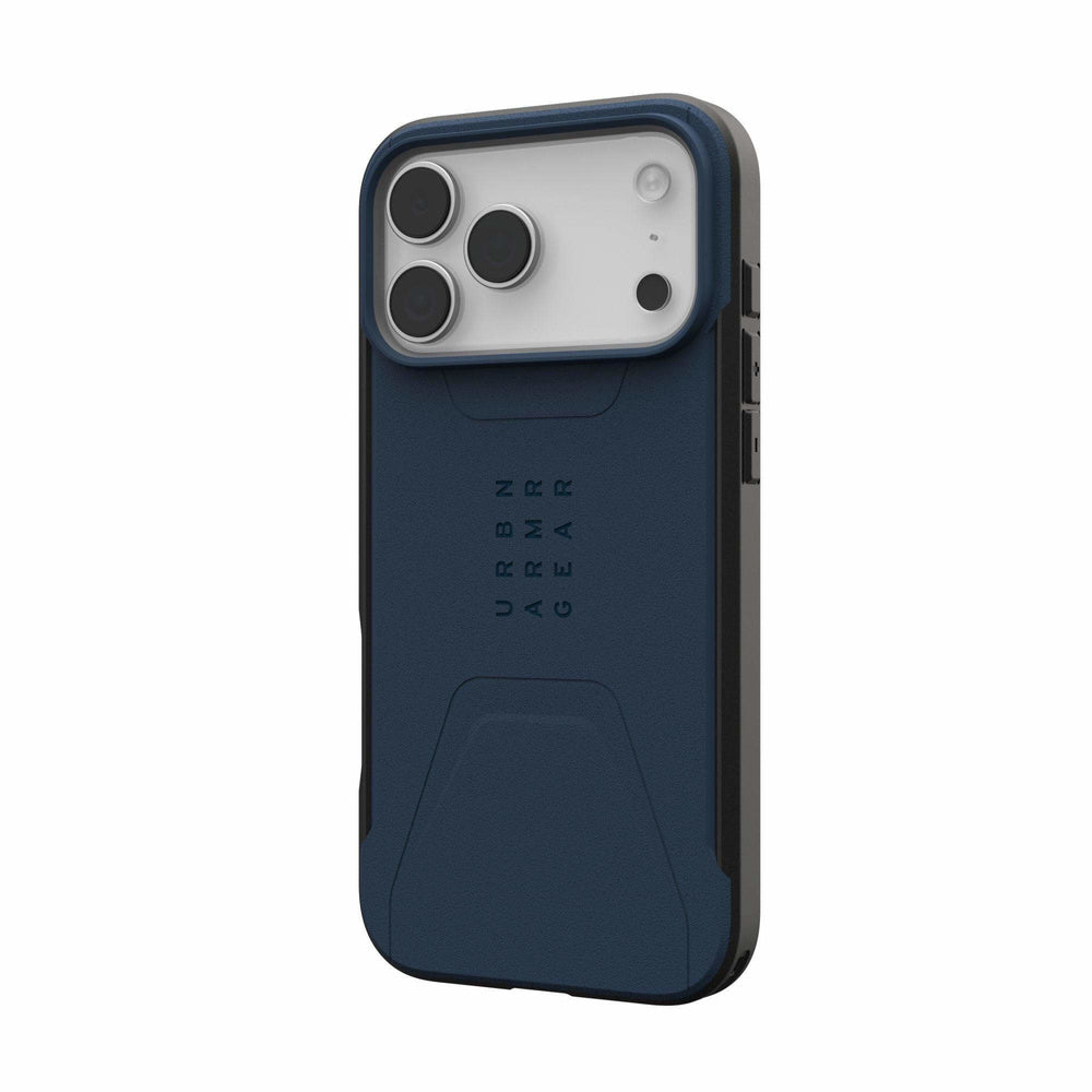 Husă UAG Civilian Mallard albastru închis, vedere oblică din spate, montată pe telefon.