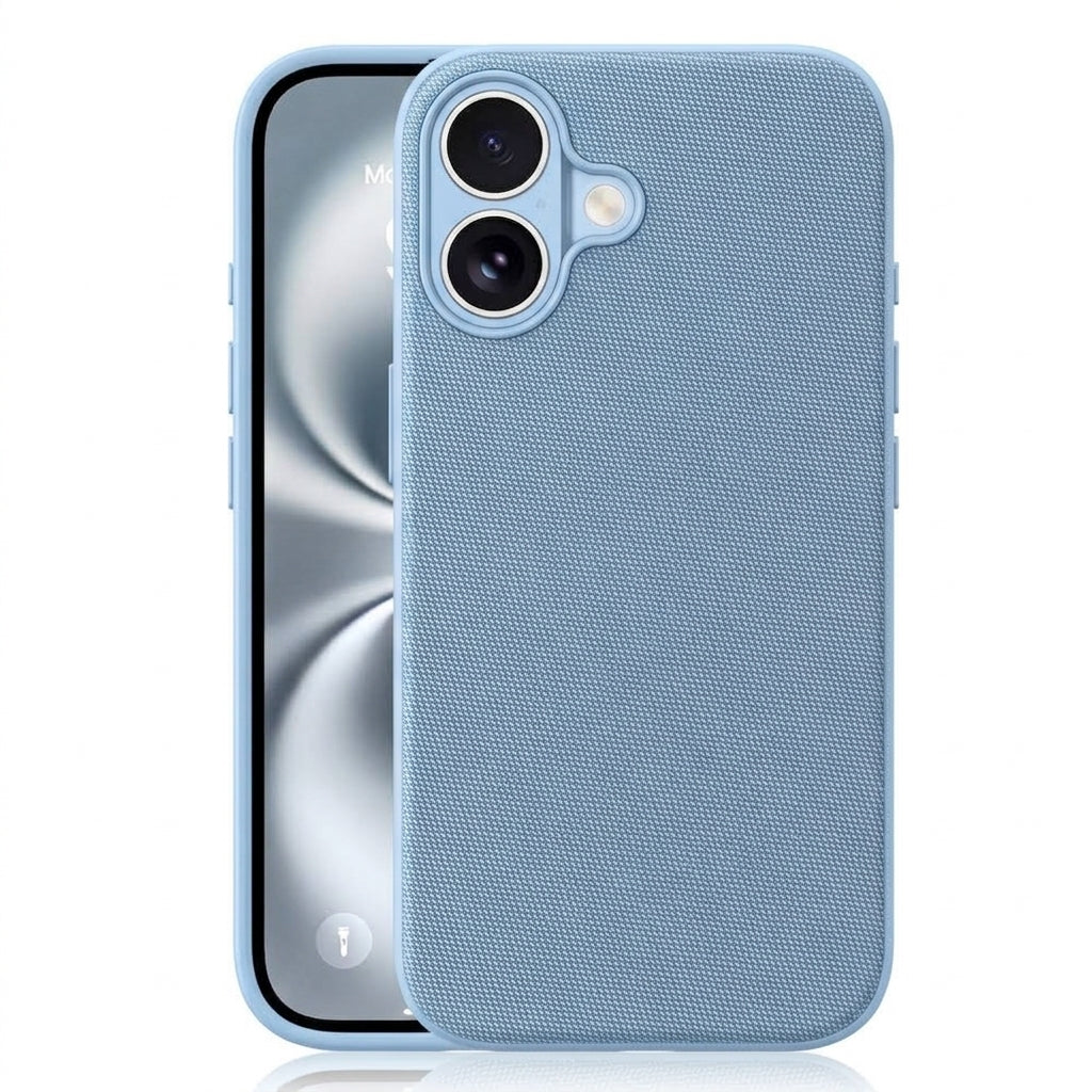 Husă Woven TechCraft pentru iPhone 17, Light Blue, vedere față și spate.