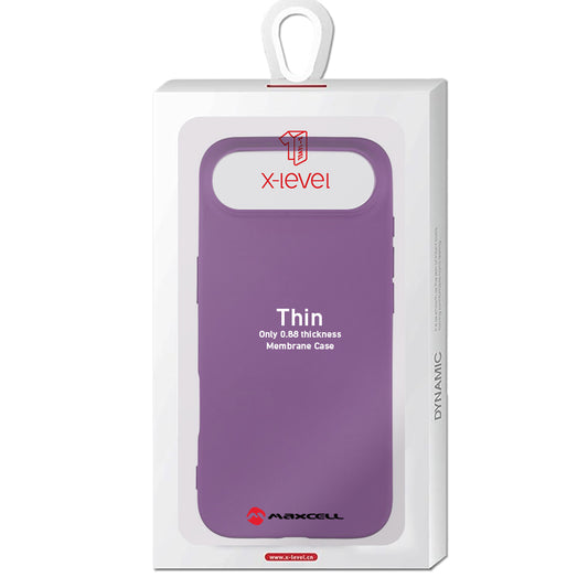 Husă X-Level Thin Series lila, prezentată în ambalaj, cu decupajul pentru camere vizibil.