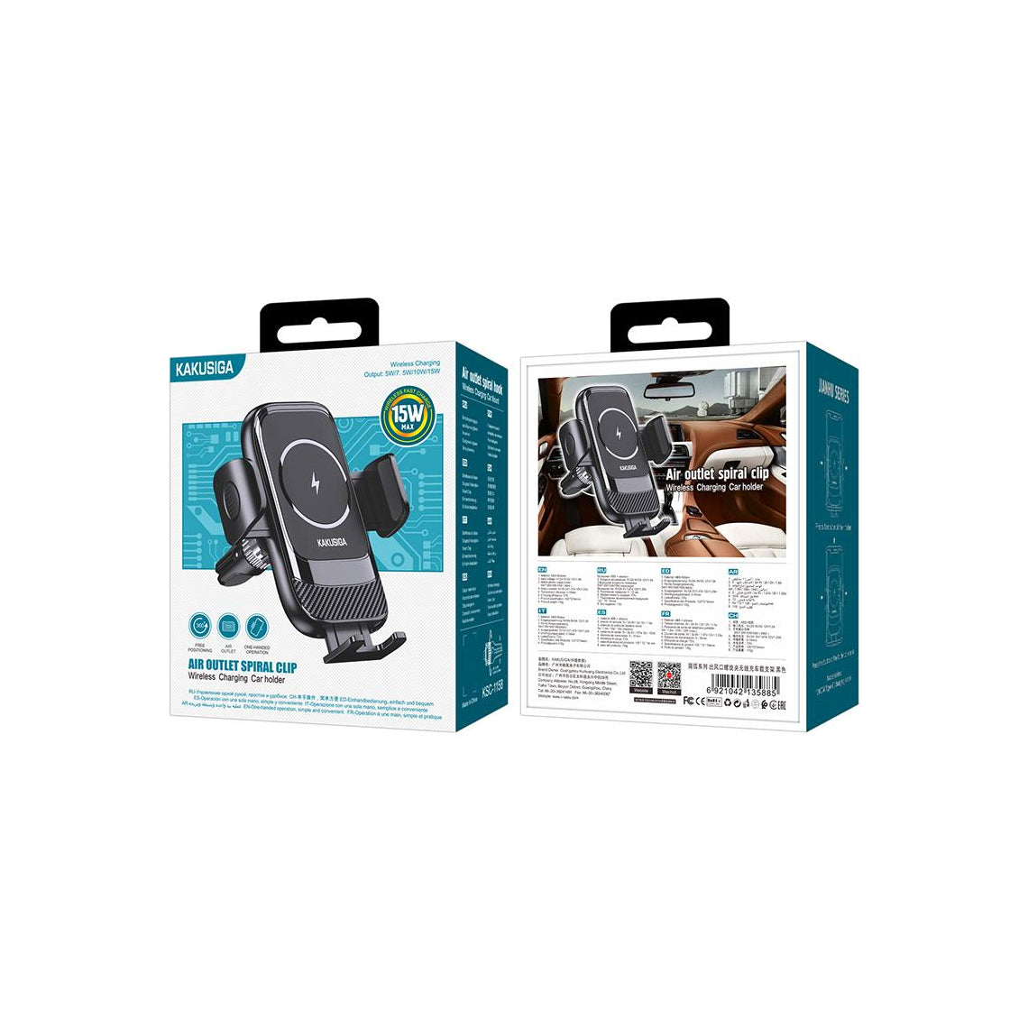 Kaku- Suport Auto,incarcare Wireless, 15W, fixare dubla, montaj Ventilatie, cleme laterale, 360°, AutoGravity | BLACK