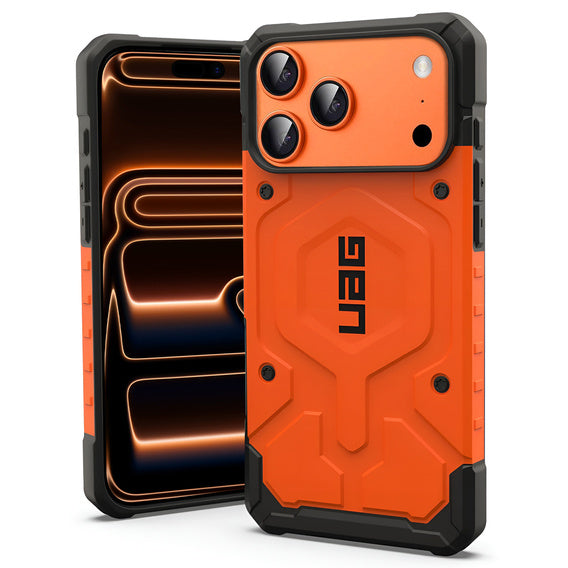 Husă UAG Pathfinder portocalie cu margini negre, imagine compusă cu telefonul prezentat din față și din spate.