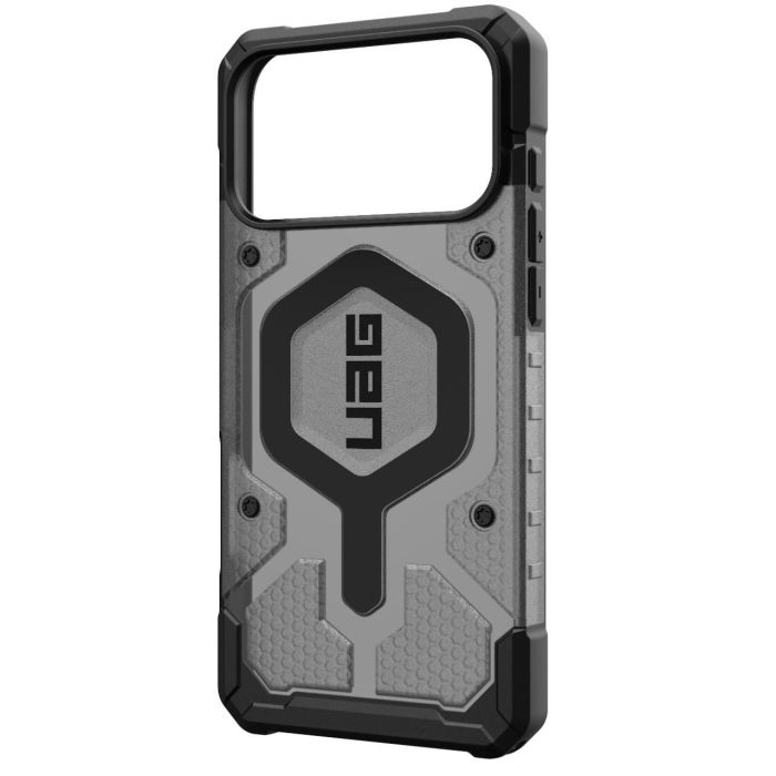 Husă UAG Pathfinder Clear Ash-Black, perspectivă oblică a spatelui și a marginilor negre.