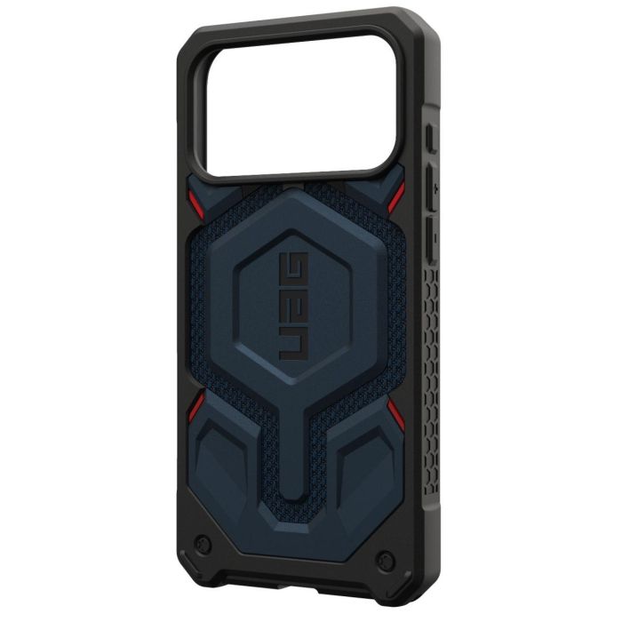 Husă UAG Monarch Pro Kevlar Mallard albastru închis, perspectivă din spate cu design geometric.