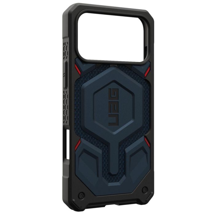 Husă UAG Monarch Pro Kevlar Mallard albastru închis, vedere oblică a exteriorului și a decupajului pentru camere.