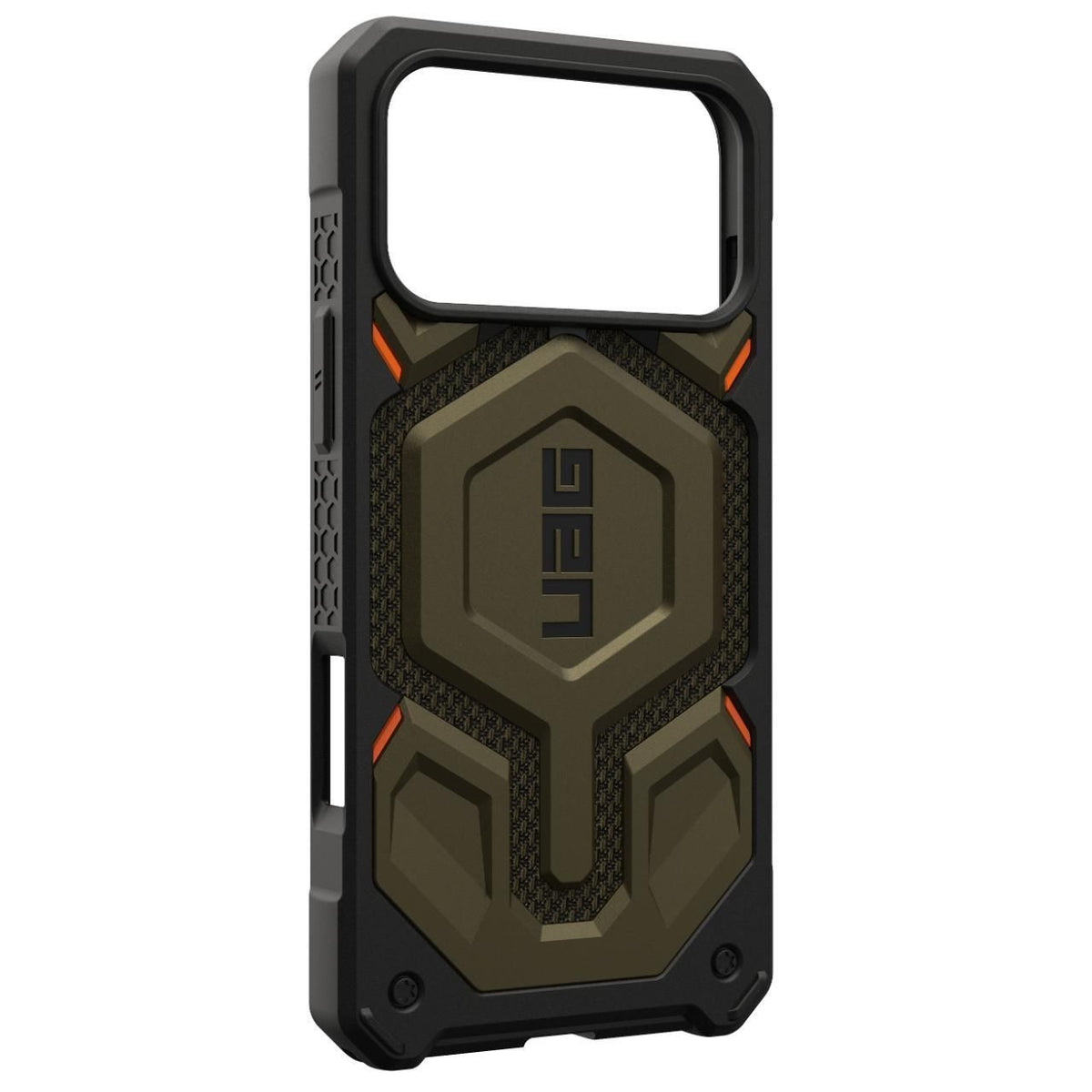 Husă UAG Monarch Pro Kevlar Element Green, perspectivă oblică a exteriorului verde închis și negru.