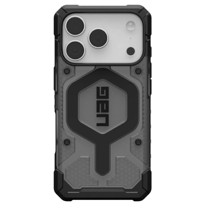 Husă UAG Pathfinder transparentă cu ramă neagră, vedere din spate.