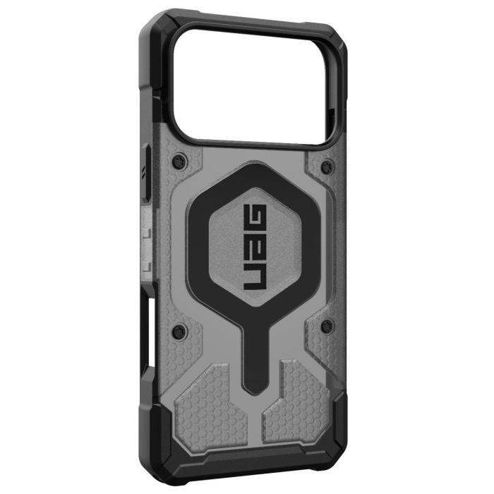 Husă UAG Pathfinder Clear Ash-Black, vedere oblică a spatelui transparent cu margini negre.