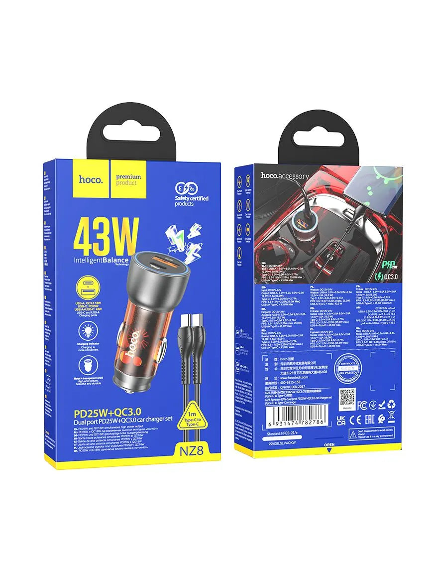 Incarcator Auto, Hoco, Super Fast Charge 43W, + cablu USB-C