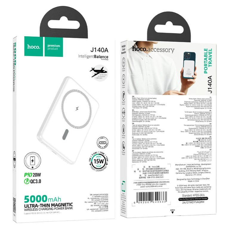 Baterie Externa, Hoco 5.000mAh, Incarcare MagSafe, Slim, PD20W, White