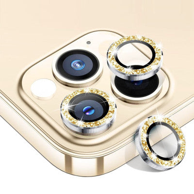 Protectie Camere Individuale din Sticla cu Diamante Gold pentru iPhone 13 Pro Max