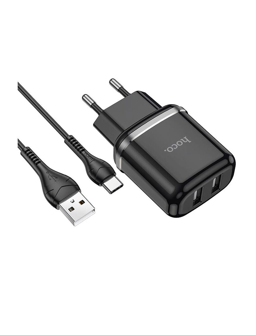 Incarcator retea 2 x USB-A, cu cablu USB-C, 2.4A | BLACK - mag-genius-accesorii