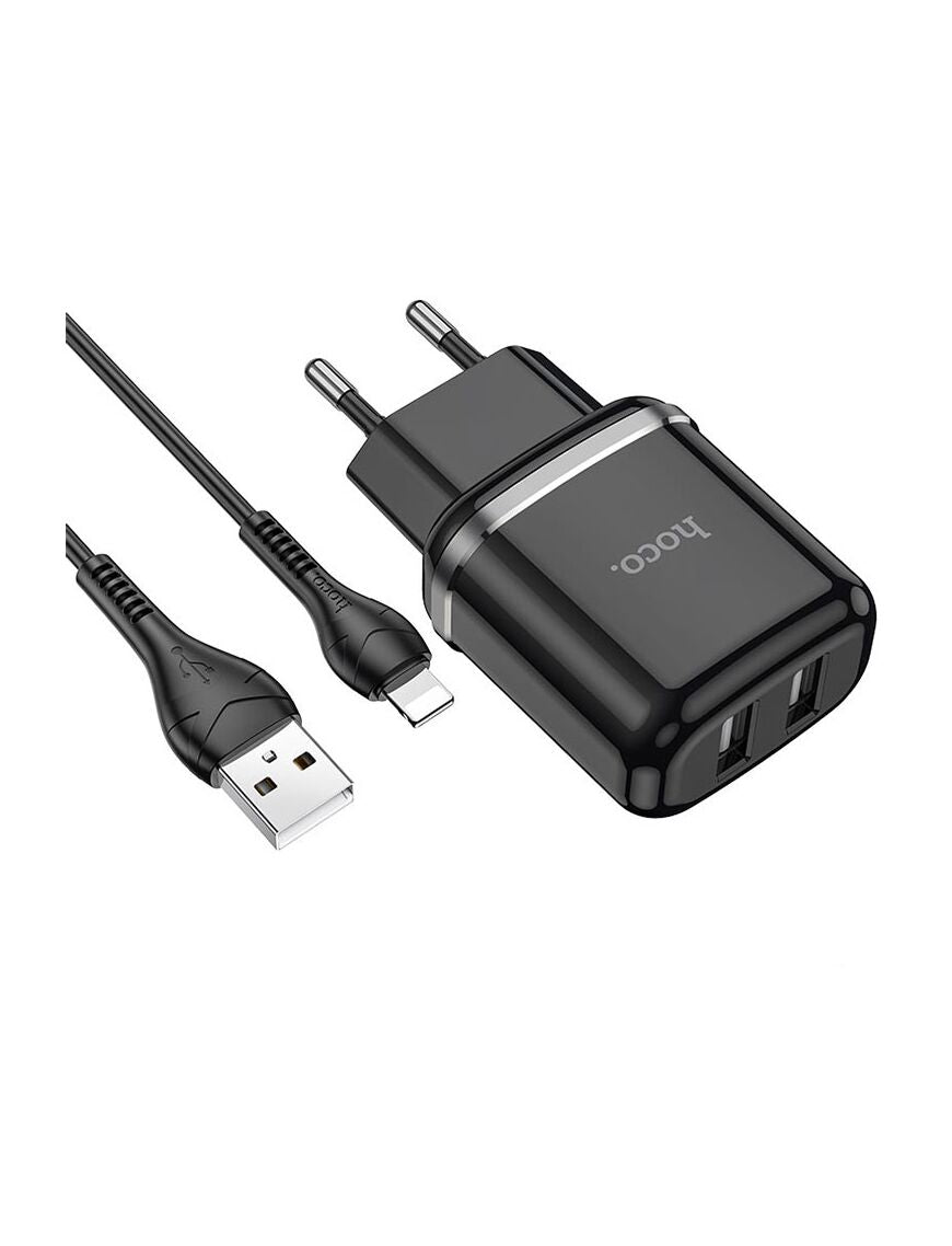 Incarcator retea 2 x USB-A, cu cablu Lightning, 2.4A | BLACK - mag-genius-accesorii