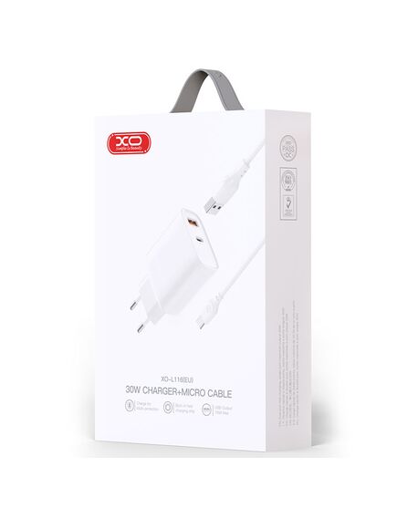 Incarcator Retea + Cablu MicroUSB, 30W, 1xUSB-C, 1xUSB-A, PD, QC 3.0