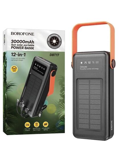 Borofone Baterie Externa, cu panou solar, 4xUSB-A si cabluri 3 in 1, 30.000mAh,