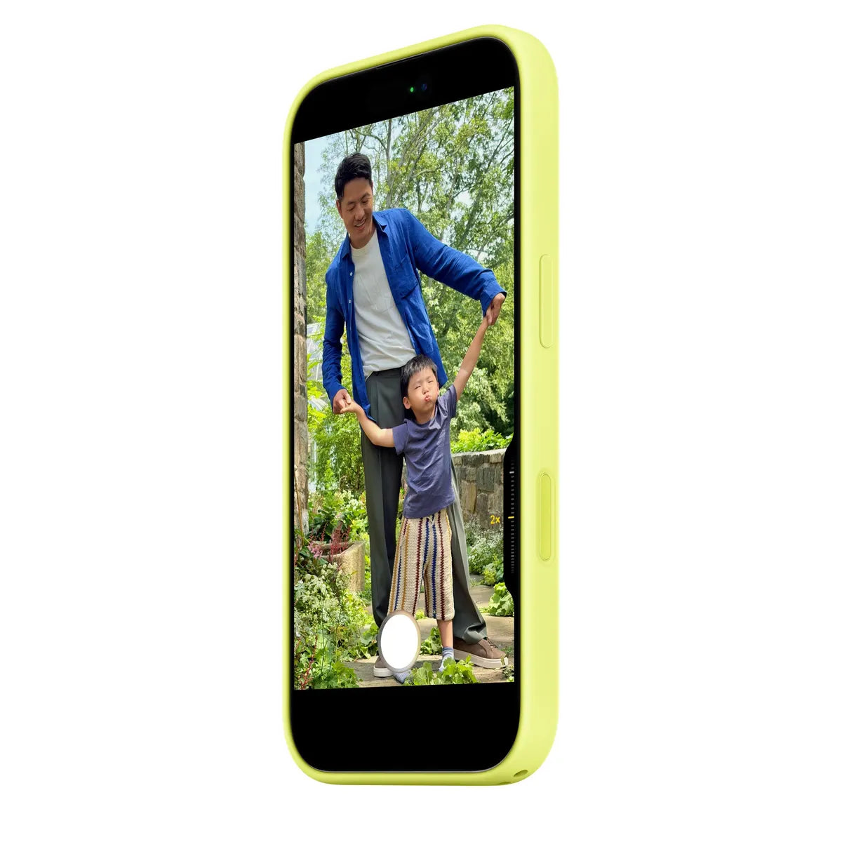 Husă galbenă Neon Yellow, vedere frontală oblică cu telefonul montat în husă.