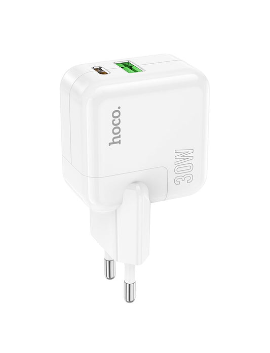 HOCO Incarcator retea, Dual Ports, USB-A, USB-C, PD 30W, QC3.0, WHITE - mag-genius-accesorii