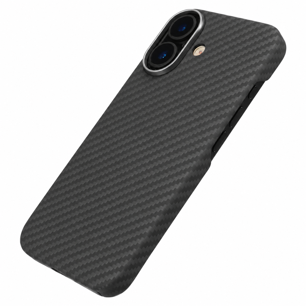 Husă Kevlar Aramid pentru iPhone 17, negru, vedere oblică pe fundal alb.