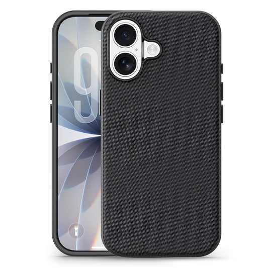 Husă Woven TechCraft pentru iPhone 17, Black, vedere față și spate.