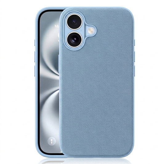 Husă Woven TechCraft pentru iPhone 17, Light Blue, vedere față și spate.