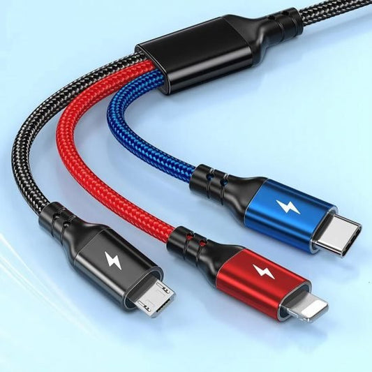 Cablu de date/incarcare cu 3 capete Micro-USB, Type-C, Lightning Multifunctional, QOOVI, Textil - mag-genius-accesorii