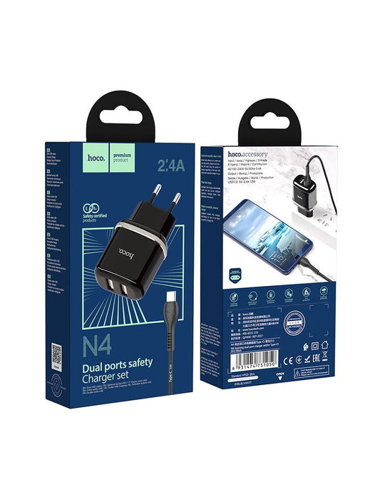 Incarcator retea 2 x USB-A, cu cablu USB-C, 2.4A | BLACK - mag-genius-accesorii