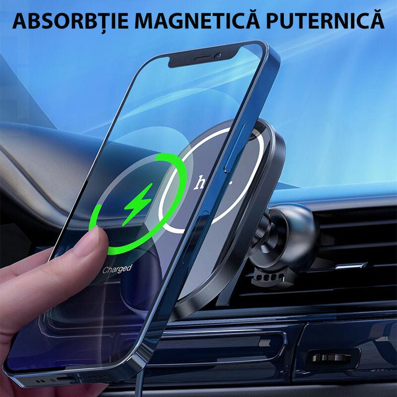 Suport telefon auto Hoco CA90, incarcare MagSafe,15 W Fast Charge grila ventilatie, negru - mag-genius-accesorii